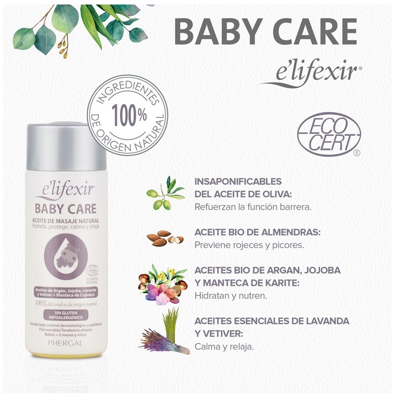 ELIFEXIR ACEITE DE MASAJE NATURAL Aceite relajante para bebé, ideal para el cuidado diario y el masaje, contribuyendo al bienestar del bebe desde el nacimiento