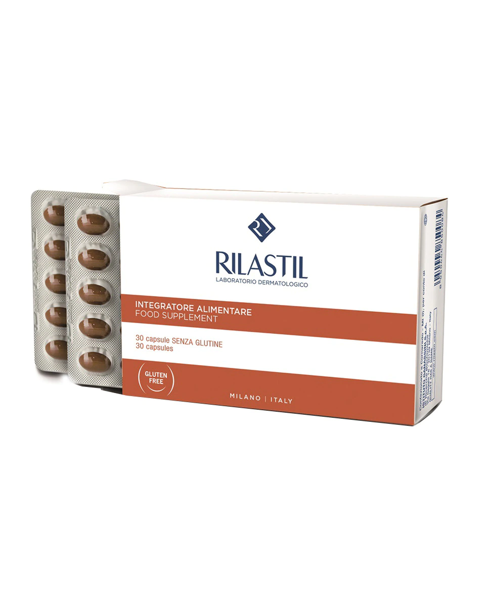 Rilastil 30 Cáspulas Oral Rilastil Sun System Protege el estrés oxidativo que puede causarse incluso por la exposición al sol. A base de vitaminas B3, E y D.