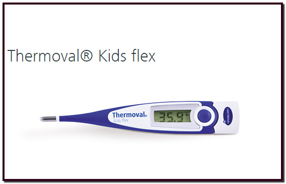 Thermoval® Kids Flex es un termómetro clínico perfecto para su bebé. Su atractivo diseño cálido representa el inmenso amor que siente por su bebé. Tiene una gran pantalla con una medición comparativamente más rápida, lo que reduce el estrés para usted y su bebé mientras le toma la temperatura. Su punta flexible evita al bebé la incomodidad y el dolor. Además, no le hace falta un reloj mientras toma la temperatura, ya que Thermoval® Kids Flex emite una señal acústica cuando está preparado para la medición y también cuando la medición se ha realizado. Thermoval® Kids Flex es la mejor elección para la comodidad del bebé. Punta flexible. Con función de memoria. Función de apagado automático y control de pila. Resistente a la humedad y apto para ser desinfectado. Utiliza una pila de larga duración reemplazable. Indica la temperatura en °C. 3 años de garantía, excluyendo la pila.