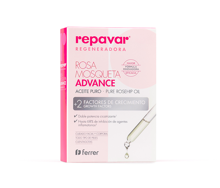 REPAVAR FERRER Aceite Puro de Rosa Mosqueta Advance: doble potencia regeneradora Regenera la piel de cicatrices Repara irritaciones y erosiones