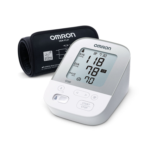 OMRON X4 Smart HEM-7155T-ESL Monitor de presión arterial El OMRON X4 Smart es un tensiómetro clínicamente validado que simplifica el control de la hipertensión desde el hogar y transfiere los resultados automáticamente al smartphone mediante Bluetooth