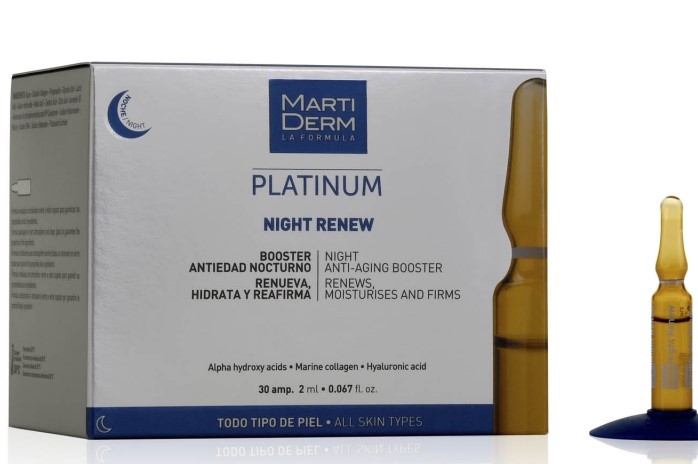 MARTIDERM Night Renew - 30 ampollas. Todo tipo de piel. Nocturno. Fórmula regeneradora, reafirmante y renovadora de uso nocturno diario para prevenir y tratar los signos del envejecimiento.