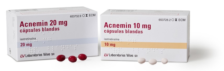 Acnemin. Laboratorios VIÑAS. Isotretinoína oral. Formas graves de acné (por ejemplo, acné nodular o conglobata o acné con riesgo de cicatrización permanente) resistente a los ciclos adecuados de tratamiento convencional con preparados antibacterianos por vía general y por vía tópica. 