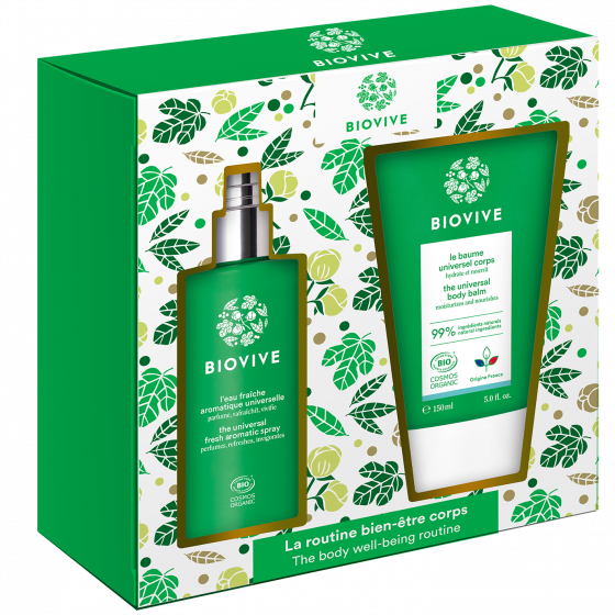 BIOVIVE le coffret routine bien-être corps. Biovive lance son premier coffret routine corps. Il est composé d’une eau fraiche, pour vous parfumez-vous ou l’intérieur de votre maison, et d’un baume corps hydratant. Il sera idéal pour combler autant les femmes, que les hommes !