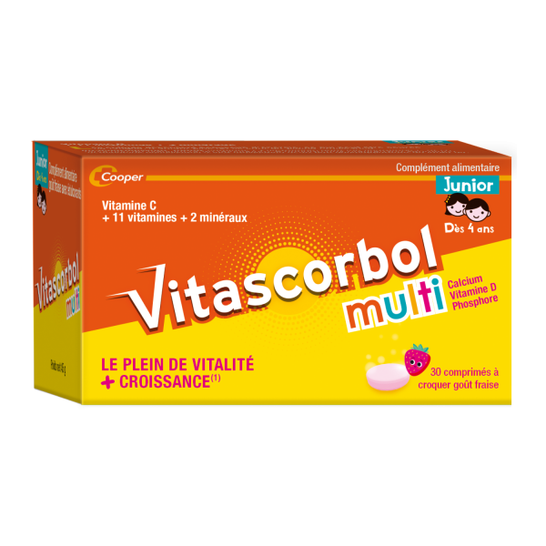 VitascorbolMulti Junior. Une formule complète et au dosage adapté aux Juniors, pour faire le plein de vitalité et de croissance.