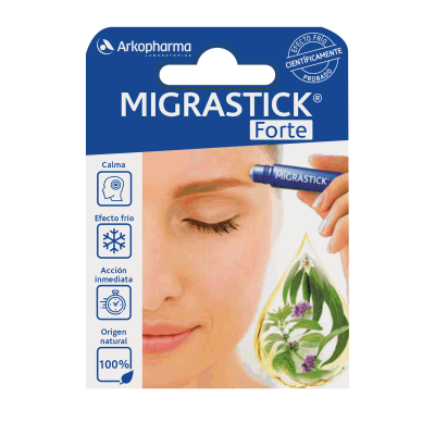 MIGRASTICK Forte es una asociación de ingredientes 100 % de origen natural, entre los que se encuentran el Eucalyptol, derivado de Eucalyptus Globulus, y el Mentol procedente de la Menta de campo. 