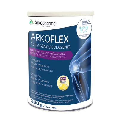 Arkoflex® Colágeno es un suplemento nutricional original que se diluye directamente en un vaso de agua grande. Articulaciones y huesos. Está especialmente diseñado para proteger la salud de los huesos, por su contenido en magnesio, y el buen funcionamiento de los cartílagos, gracias a la vitamina C que ayuda a la formación del colágeno.