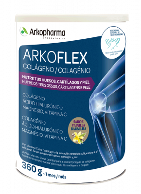 Arkoflex® Colágeno sabor vainilla es un suplemento nutricional original que se diluye directamente en un vaso de agua grande. Está especialmente diseñado para proteger la salud de los huesos, por su contenido en magnesio, y el buen funcionamiento de los cartílagos, gracias a la vitamina C que ayuda a la formación del colágeno.