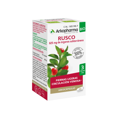 Arkocápsulas® Rusco BIO a base de Rusco* contribuye a la circulación venosa normal y ayuda a disminuir la sensación de piernas pesadas y cansadas.  Gracias a su experiencia y conocimientos únicos, Arkopharma restituye el 100 % de los principios activos del rusco, que actúan de forma sinérgica, respetando al máximo tu organismo.
