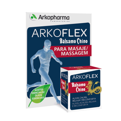 Arkoflex Bálsamo Chino para masaje con alcanfor. Con aceites esenciales, botánica y bioquímicamente definidos (conocidos como AEBBD). Favorece la sensación de bienestar local o general a través del masaje. Alivia, calma, relaja y reconforta. Despierta las percepciones sensoriales