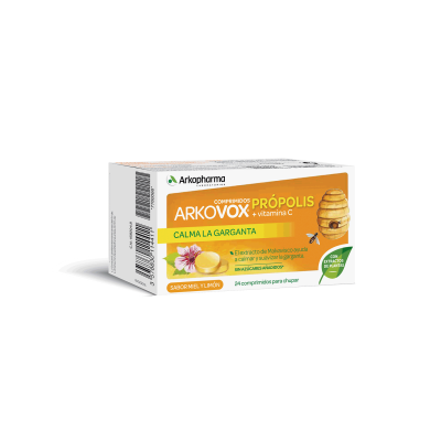 Arkovox® Comprimidos Própolis y Vitamina C es un complemento alimenticio a base de extracto de Malvavisco, Papaína, extracto de Própolis y Vitamina C. APARATO RESPIRATORIO - GARGANTA - NARIZ. El extracto de Malvavisco ayuda a suavizar y producir un efecto calmante en la garganta, faringe y cuerdas vocales, contribuyendo así al bienestar respiratorio. La vitamina C contribuye al funcionamiento normal del sistema inmunitario. 