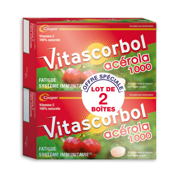 VitascorbolAcérola aide à lutter contre la fatigue, à maintenir le système immunitaire, à protéger les cellules contre le stress oxydatif et au maintien de fonctions psychologiques normales.