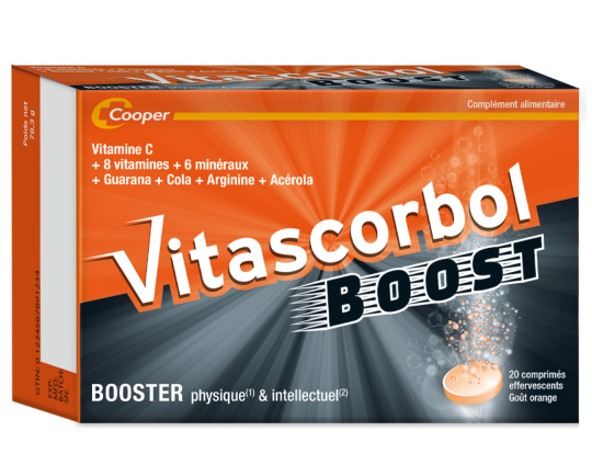 VitascorbolBoost Effervescent. De la caféine naturelle, grâce aux extraits de guarana et de cola. De l'arginine. Une sélection choisie de vitamines et minéraux.