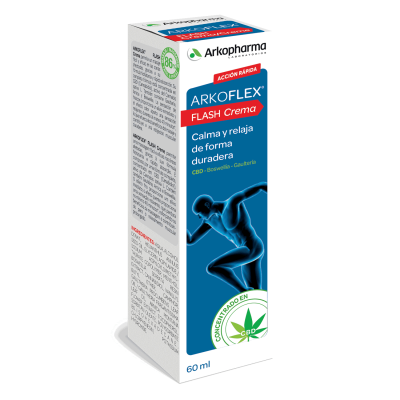 Arkoflex® Flash Crema para un alivio rápido y duradero del dolor. Una fórmula concentrada en CBD. Crema con CBD que permite masajear de manera fácil y eficaz zonas sensibles, brindando una sensación de bienestar articular y muscular, gracias a su fórmula hidratante de rápida absorción y a su doble acción frío-calor.