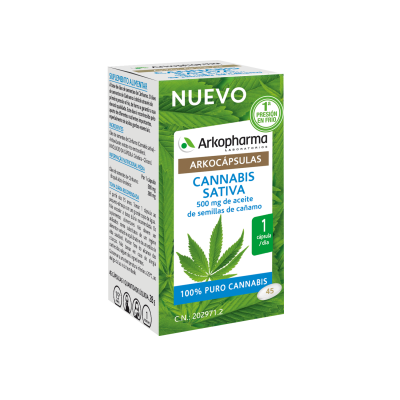 Arkocápsulas® Cannabis Sativa es un complemento alimenticio con ingredientes 100 % vegetales, con propiedades antiinflamatorias* 500 mg
