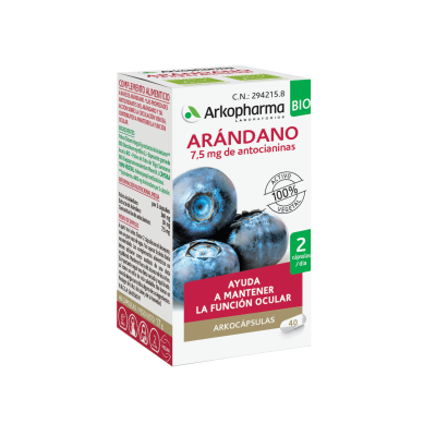 Arkocápsulas® Arándano BIO. Arkocápsulas® Bayas de Arándano es un complemento alimenticio a base de arándano. Las propiedades antioxidantes del arándano y su acción sobre la circulación venosa, contribuyen a mantener la función ocular. 