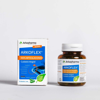 Arkoflex® 100 % Articulaciones ¿Tienes molestias en tus articulaciones? ¿Quieres una solución eficaz que brinde un cuidado integral y alivie el dolor crónico? Arkoflex® 100 % Articulaciones permite un cuidado integral de las articulaciones, huesos, cartílagos, ligamentos, tendones y músculos, ayudando a mantener el bienestar articular y aliviar el dolor crónico. Su fórmula actúa a varios niveles: - Cartílagos: la Vitamina C participa en la formación de colágeno para un adecuado funcionamiento del cartílago. - Músculos: la Vitamina D3 contribuye al mantenimiento normal de la función muscular. - Huesos: la Vitamina D3 ayuda al mantenimiento de los huesos en condiciones normales. - Tendones y Ligamentos: el Manganeso contribuye a la formación normal del tejido conectivo. Su completa fórmula contiene además un extracto de Boswellia, altamente concentrado, para el mantenimiento de la flexibilidad articular; y Glucosamina, constituyente esencial del cartílago y Colágeno tipo II específico para las articulaciones.