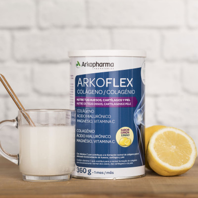 Arkoflex® Colágeno es un suplemento nutricional original que se diluye directamente en un vaso de agua grande. Articulaciones y huesos. Está especialmente diseñado para proteger la salud de los huesos, por su contenido en magnesio, y el buen funcionamiento de los cartílagos, gracias a la vitamina C que ayuda a la formación del colágeno.