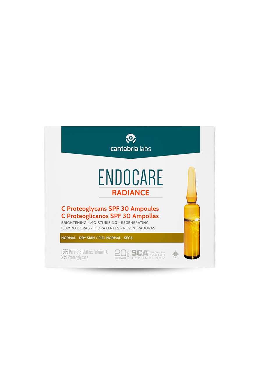 ENDOCARE RADIANCE C Proteoglicanos SPF 30 ampollas Regenera, hidrata, ilumina y protege la piel. Ampollas intensivas que reducen los signos del envejecimiento y previenen su aparición. Textura hidratante ideal para pieles normales o secas.