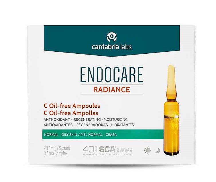 ENDOCARE RADIANCE C Oil-free Ampollas Regenera, repara e ilumina la piel. Ampollas intensivas con una fórmula que reduce los signos del envejecimiento y previene su aparición. Su textura fluida libre de residuo graso es ideal para las pieles normales grasas. No comedogénico. SCA® Growth Factor Technology se combina con un sistema antioxidante de alta tolerabilidad para una acción antioxidante, regeneradora e hidratante con un aporte extra de luminosidad a la piel. Testado bajo control dermatológico y oftalmológico.