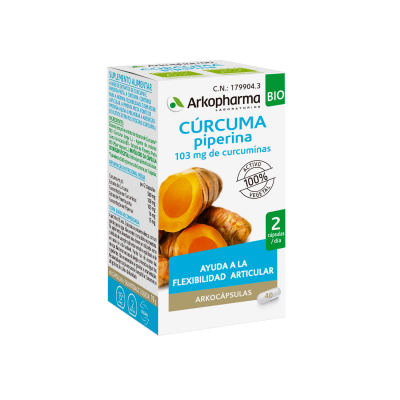 Arkocápsulas® Cúrcuma BIO es un complemento alimenticio a base de extractos de cúrcuma y pimienta negra. El rizoma de cúrcuma contribuye a la flexibilidad y el bienestar articular. La piperina procedente de la pimienta negra contribuye a aumentar la absorción de la cúrcuma.