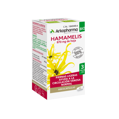 Arkocápsulas® Hamamelis BIO es un complemento alimenticio que contribuye a la circulación venosa normal, a la microcirculación y a disminuir la sensación de piernas pesadas y cansadas. 