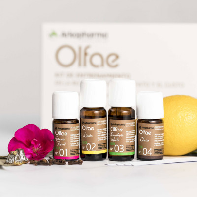 Olfae kit de entrenamiento olfatorio. De la combinación de los conocimientos de especialistas en otorrinolaringología y de Arkopharma, nace Olfae, el kit de entrenamiento en la recuperación del olfato y el gusto.