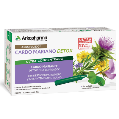 Arkofluido® Cardo Mariano Detox es un complemento alimenticio a base de extracto de plantas. El cardo mariano* ayuda a detoxificar el hígado, eliminando toxinas.