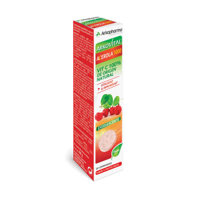 Arkovital®  Acerola 1000 ahora en comprimidos efervescentes. Absorción más rápida y completa.  Arkovital® Acerola 1000 es un delicioso comprimido efervescente a base de zumo en polvo de baya de acerola con sabor a frutos rojos. Su fórmula contiene 1000 mg de acerola en polvo, rica en Vitamina C natural, lo que favorece su asimilación por el organismo. La vitamina C natural se aprovecha un 48 % más por el organismo que la vitamina C de síntesis.* La Acerola es una de las fuentes más ricas de Vitamina C en el mundo** La VITAMINA C ayuda a reducir el cansancio y la fatiga y contribuye al funcionamiento normal del sistema inmunitario. 