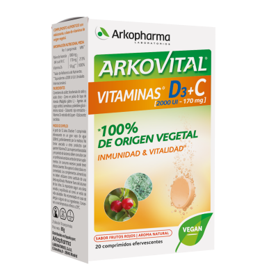 Arkovital® Vitaminas D3 + C Un dúo de vitaminas para la inmunidad y vitalidad. Una fórmula altamente dosificada de origen 100 % vegetal para un especial refuerzo del sistema inmune
