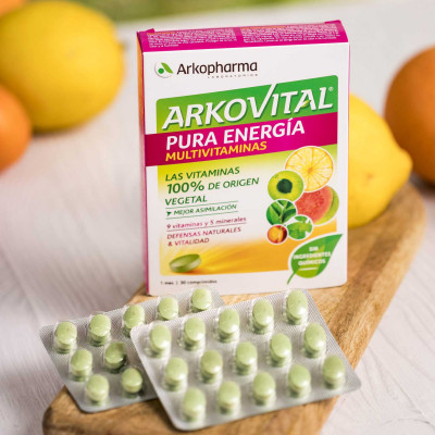 Arkovital® Pura Energía, 9 vitaminas y 5 minerales de origen 100 % vegetal, sin componentes químicos, un cambio radical.