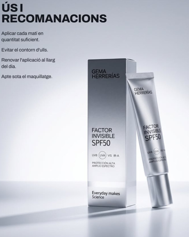 Gema Hererias: Protector solar incoloro de alta protección y amplio espectro con textura gel invisible. Formulado con filtros solares orgánicos fotoestables y tecnología gh BarrierSense® 